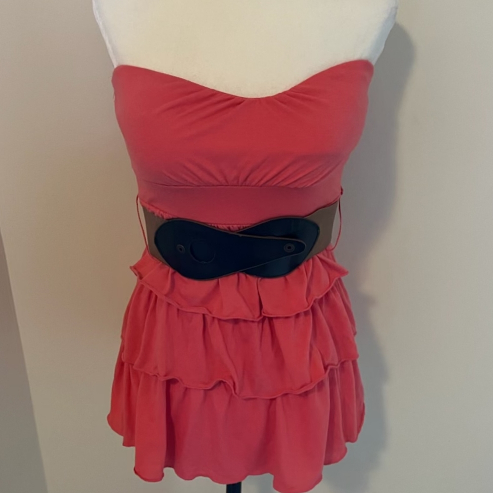 ALMOST FAMOUS -- Strapless Bandeau Tube Tunic Layered Ruffles+Elastic Waist Belt